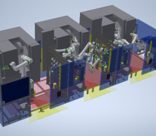 協働ロボットを3台使用した旋盤の連続加工システム。姿勢検討のため、一見千手観音のように見えます。エリアは段階的にスキャナーセンサーで監視しています。