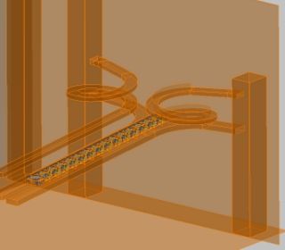 ワークダンプ供給シュートです。レイアウトの制約上、らせんにしてダンプ距離を稼いでいます。ワーク接触防止機構付です。