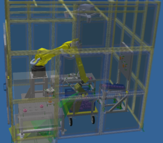 産ロボ実験用、社内設備。
3Dビジョン、2Dビジョン、力覚センサーのテスト環境を装備しております。